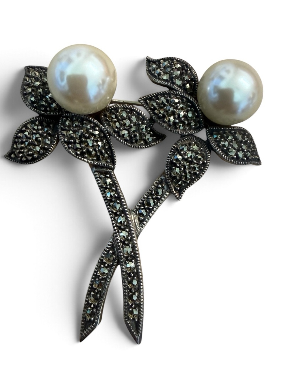 Judith Jack Sterling Silver Marcasite Double Flower Pearl Brooch, 2"